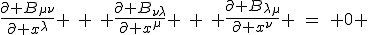 LaTeX: \frac{\partial B_{\mu\nu}}{\partial x^\lambda} \hspace{5}+\hspace{5} \frac{\partial B_{\nu\lambda}}{\partial x^\mu} \hspace{5}+\hspace{5} \frac{\partial B_{\lambda\mu}}{\partial x^\nu} \hspace{5}=\hspace{5} 0 