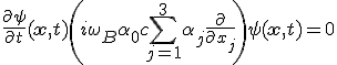LaTeX:  \frac{\partial\psi}{\partial t} (\mathbf{x},t) + \left(i\omega_B\alpha_0 + c \sum_{j = 1}^3 \alpha_j \frac{\partial}{\partial x_j}\, \right) \psi (\mathbf{x},t) = 0