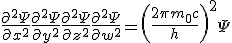 LaTeX:  \frac{\partial^2\Psi}{\partial x^2}+\frac{\partial^2\Psi}{\partial y^2}+\frac{\partial^2\Psi}{\partial z^2}+\frac{\partial^2\Psi}{\partial w^2}  = \left(\frac{2\pi m_0 c}{h}\right)^2\Psi
