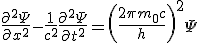 LaTeX:  \frac{\partial^2\Psi}{\partial x^2}-\frac{1}{c^2}\frac{\partial^2\Psi}{\partial t^2}  = \left(\frac{2\pi m_0 c}{h}\right)^2\Psi