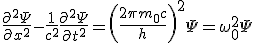 LaTeX:  \frac{\partial^2\Psi}{\partial x^2}-\frac{1}{c^2}\frac{\partial^2\Psi}{\partial t^2}  = \left(\frac{2\pi m_0 c}{h}\right)^2\Psi = \omega_0^2\Psi