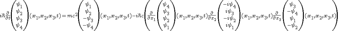 LaTeX:  i \hbar \frac{\partial}{\partial t} \left(\begin{matrix}\psi_1\\\psi_2\\\psi_3\\\psi_4 \end{matrix}\right) (\mathbf{x_1, x_2, x_3},t) = mc^2  \left(\begin{matrix}\psi_1\\\psi_2\\-\psi_3\\-\psi_4 \end{matrix}\right) (\mathbf{x_1, x_2, x_3},t)  -i\hbar c \left(\frac{\partial}{\partial x_1}\,\left(\begin{matrix}\psi_4\\\psi_3\\\psi_2\\\psi_1 \end{matrix}\right) (\mathbf{x_1, x_2, x_3},t) +  \frac{\partial}{\partial x_2}\,\left(\begin{matrix}-i\psi_4\\i\psi_3\\-i\psi_2\\i\psi_1 \end{matrix}\right) (\mathbf{x_1, x_2, x_3},t) +  \frac{\partial}{\partial x_3}\,  \left(\begin{matrix}\psi_3\\-\psi_4\\\psi_1\\-\psi_2 \end{matrix}\right) (\mathbf{x_1, x_2, x_3},t)\right) 