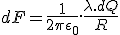 LaTeX: dF = \frac 1 {2 \pi \epsilon_0} . \frac {\lambda.dQ} {R}