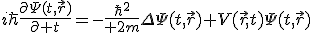 LaTeX: 
i\hbar{\partial\Psi(t,\vec{r})\over\partial t}=-{\hbar^2\over 2m}{\Delta}\Psi(t,\vec{r})+V(\vec{r},t)\Psi(t,\vec{r})
