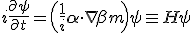 LaTeX: i \frac{\partial \psi}{\partial t} = \left(\frac{1}{i}\mathbf{\alpha}\cdot\nabla+\beta m\right)\psi\equiv H\psi