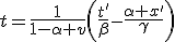 LaTeX: t=\frac{1}{1-\alpha v}\left(\frac{t'}{\beta}-\frac{\alpha x'}{\gamma}\right)