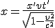 LaTeX: x=  \frac{x' + vt'}{ \sqrt[]{1 -\frac{v^2}{c^2}} } 